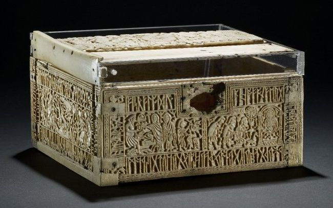 The Franks Casket showing intricate whale bone carvings with runic inscriptions