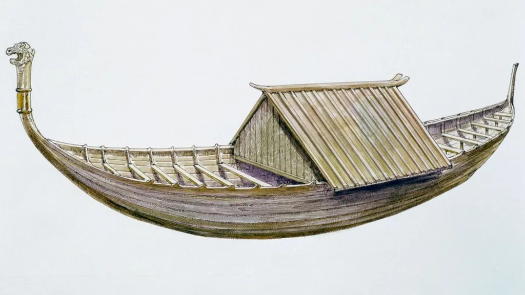 Artist's reconstruction of a Migration Period longboat with covered central section
