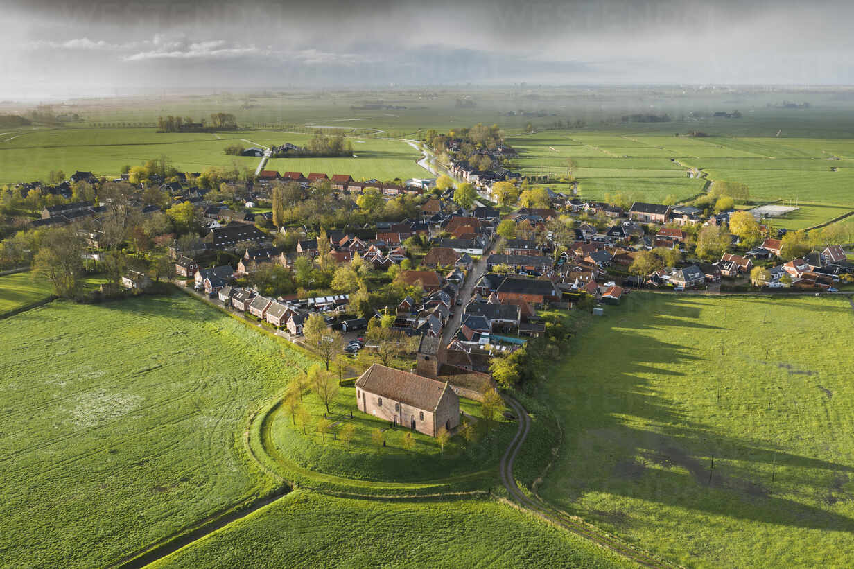 Aerial view of an ancient terp village in Groningen, Netherlands