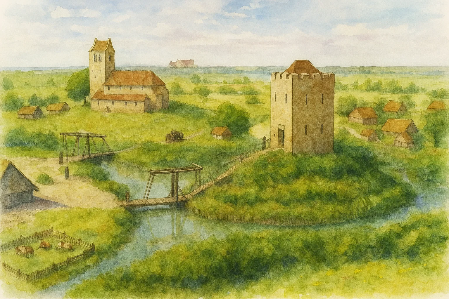 Reconstruction of a late medieval Frisian village during the civil war period showing fortified towers