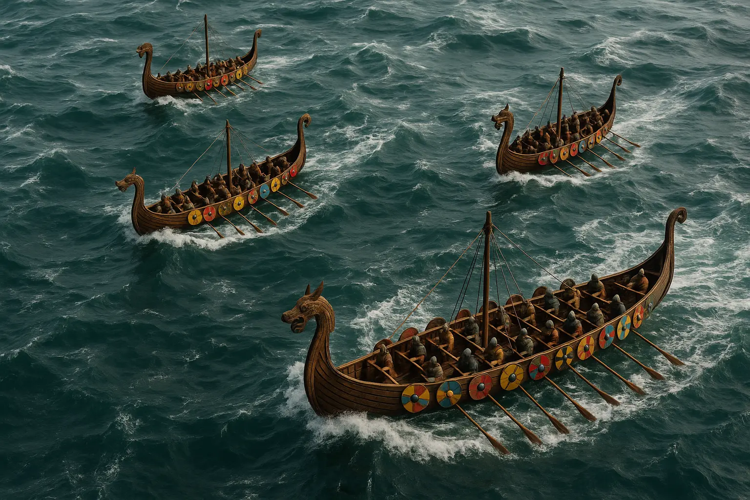 Longships with colorful shields rowing across the stormy North Sea during Anglo-Frisian migrations